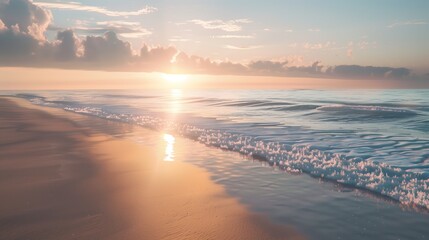 A super realistic image of a tranquil beach at sunrise with gentle waves and pristine sand, perfect lighting - Powered by Adobe