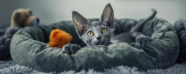 Obraz premium Cute Sphynx cat relaxing in a cozy bed with toys, creating a warm and inviting home atmosphere.