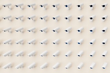 Many cctv on peach puff background. Top flat view, cameras looking left. 3d render, illustration