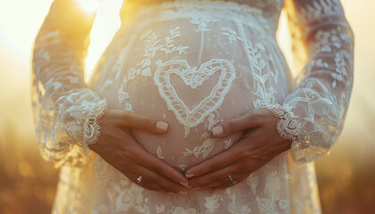 Obraz premium Pregnant woman holding her belly in a lace dress with a heart shape, sunlight background, symbolizing love and motherhood.