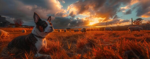 Beautiful sunset in a vast field with sheep grazing and a dog sitting in the foreground, capturing...