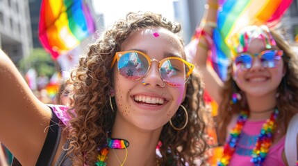 Young people celebrating pride LGBTQ day looking at camera confetti and glitter face