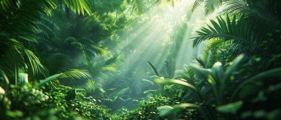 Wide-angle view, lush verdant forest, sunlight filtering through dense foliage, vibrant emerald greens, photorealistic digital rendering, tranquil and fresh ambiance