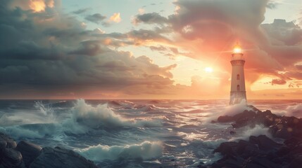 A super realistic scene of a lighthouse on a rocky coast with waves crashing © Amir