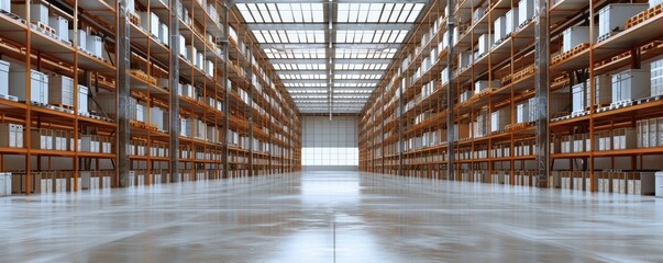 Fototapeta premium Spacious industrial warehouse interior with tall shelves filled with boxes and goods, illuminated by natural light streaming through large windows.