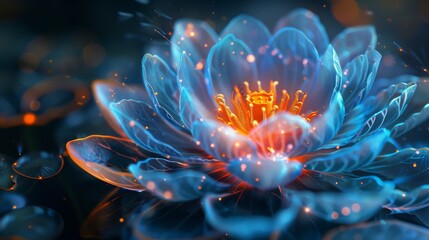 Glowing lotus flowers float on the surface of the water