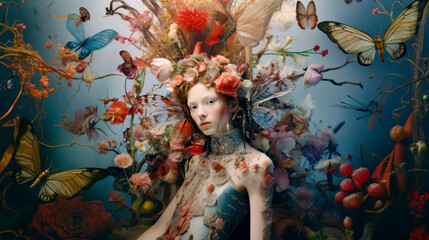 surrealist photographic portrait of a girl in a fantastic and eccentric world of flowers and dragonflies.