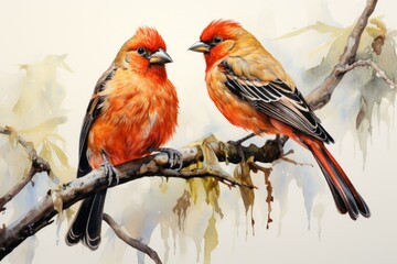 Fototapeta premium Vivid watercolor painting of two northern cardinals resting on a wintry branch