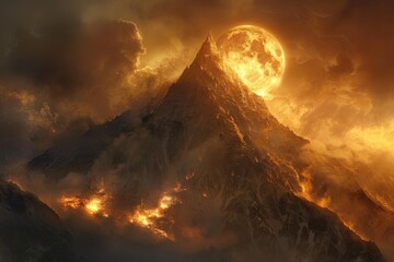A mountain with a large, glowing moon in the sky