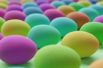 Many colorful eggs on light green background. Closeup view, macro shot, selective focusmacro shot. 3d render, illustration