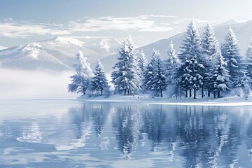 A serene winter wonderland with snow-covered trees and a frozen lake, surrounded by misty mountains in the distance.