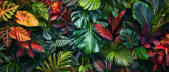 Vibrant tropical foliage with a variety of colorful, lush leaves, creating a rich and exotic botanical garden background.
