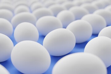Many white eggs on royal blue background. Closeup view, macro shot, selective focuscloseup shot. 3d render, illustration