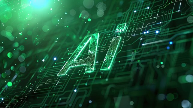 Green AI text with digital and futuristic elements glowing in the dark, artificial intelligence banner technology, data science and innovation web internet cyber space.