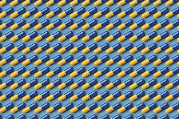 Many blue and yellow pills on steel blue background. Top flat view, horizontal. 3d render, illustration