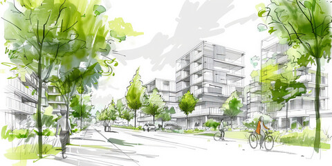  Illustration of a modern urban street featuring cyclists, green spaces, and contemporary architecture in a vibrant and sustainable city