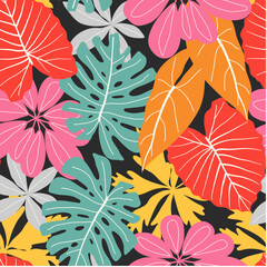 Abstract seamless tropical pattern with bright plants and leaves on a dark gray background. Beautiful print with hand drawn floral plants. Tropic leaves in bright colors. Hawaiian style.