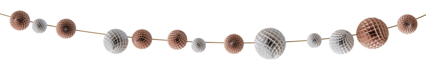 Elegant garland with beige and white elements on transparent background. Earthy tones. Can be used as divider, footer or header. Party, Happy Birthday design element. Festoon. 3D rendering