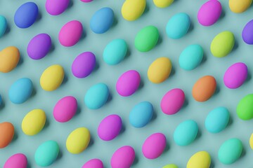 Many colorful eggs on cadet blue background. Top flat view, diagonal grid. 3d render, illustration