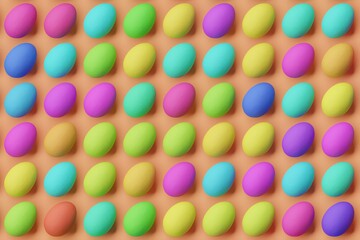 Many colorful eggs on coral background. Top flat view, disorder and grid, diagonal. 3d render, illustration