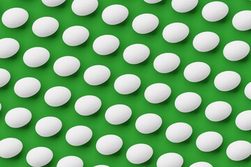 Many white eggs on dark green background. Top flat view, order. 3d render, illustration