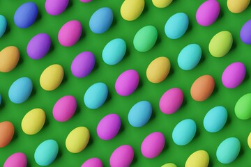 Many colorful eggs on dark green background. Top flat view, diagonal grid. 3d render, illustration