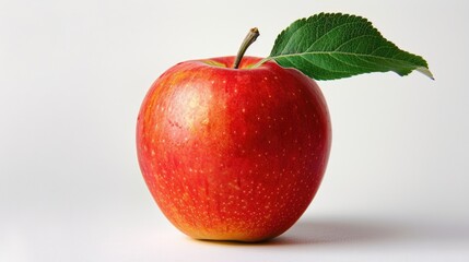 A fresh, red apple with a green leaf attached, isolated on a clean white background, showcasing its vibrant color and natural beauty