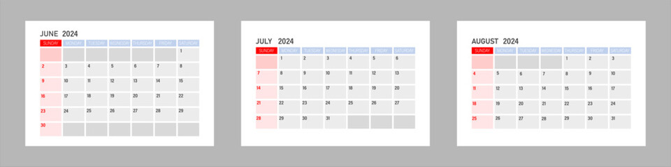 calendar of summer months 2024. June July August.