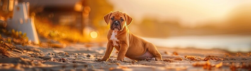 Cute puppy sitting on the beach at sunset, showcasing warm colors and a serene environment.