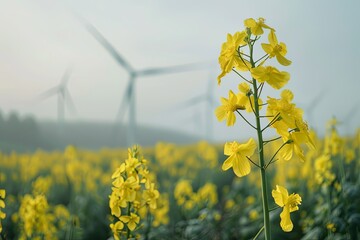 Field of vibrant yellow rapeseed flowers with windmills in the background
