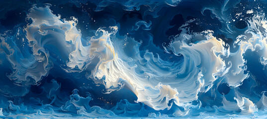 A close-up of a nature glacier's crevasses, the deep blue ice formations captured in detail