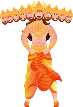 Dussehra festival Character of Happy Ravan Standing with Ten Head Vector Png Illustration.