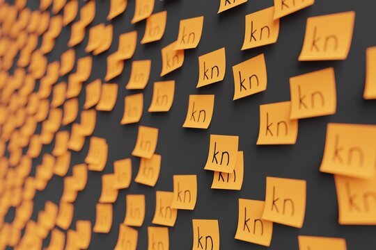 Many orange stickers on black board background with symbol of Croatia kuna drawn on them. Closeup view with narrow depth of field and selective focus. 3d render, illustration
