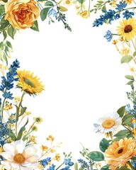 Obraz premium Beautiful floral border with various flowers in bright colors, creating a frame with a white background. Perfect for invitations or crafts.