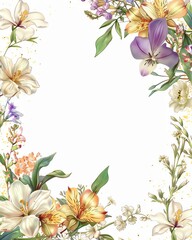 Beautiful floral border with colorful flowers and green leaves surrounding a white background. Perfect for invitations or greeting cards.