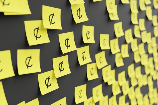Many yellow stickers on black board background with symbol of Ghana cedi drawn on them. Closeup view with narrow depth of field and selective focus. 3d render, illustration
