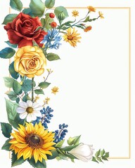 Beautiful floral frame with roses, sunflowers, and daisies creating a vibrant and elegant border for invitations or greetings.
