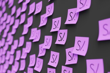 Many violet stickers on black board background with symbol of Peru sol drawn on them. Closeup view with narrow depth of field and selective focus. 3d render, illustration