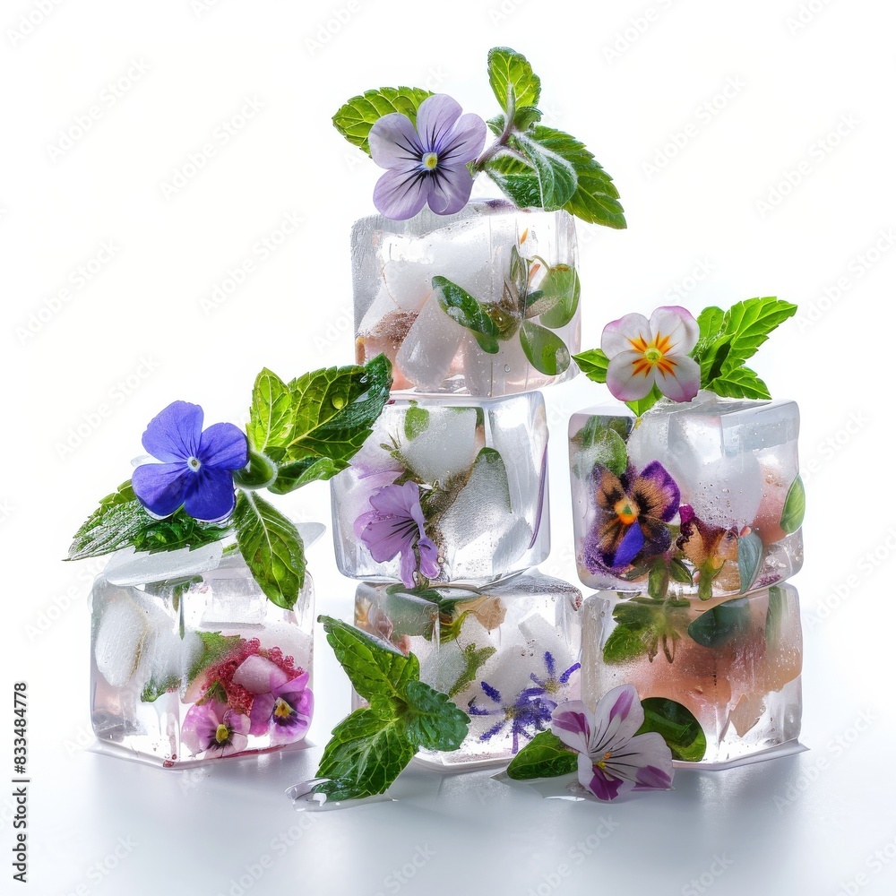 Wall mural Mix edible flower on ice salad on isolate white background