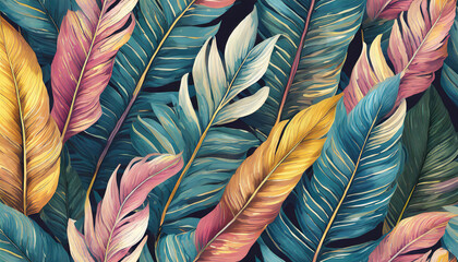 A colorful painting of leaves with a blue background