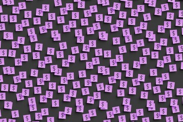 Many violet stickers on black board background with symbol of Bahamas dollar drawn on them. Flat view. 3d render, illustration