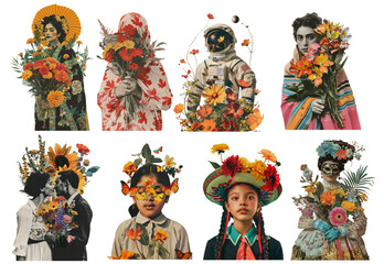 people with flower collage set