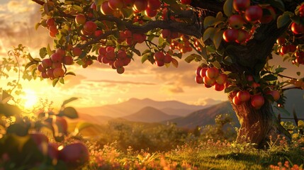 A scenic view of an apple tree laden with fruit, with the sun setting in the background, casting a warm glow over the entire scene