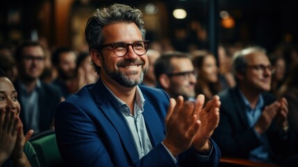 Obraz premium A distinguished man with glasses is fully engaged and clapping enthusiastically at a public event