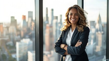 Fototapeta premium A confident businesswoman standing in front of a large window with a cityscape view, arms crossed and smiling, exuding professionalism and success 