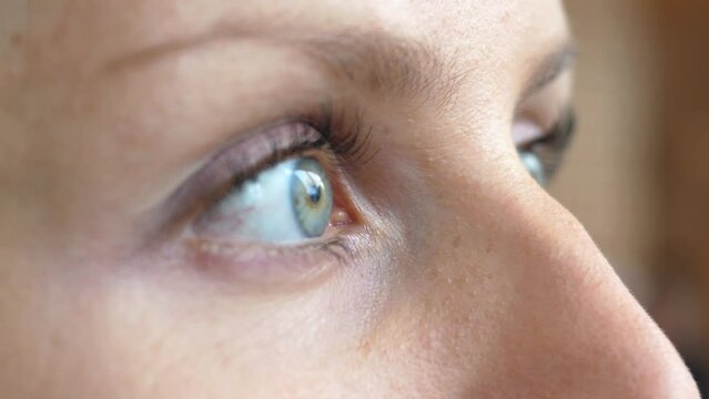 Close-up female eyes with expressive look. Look reflects gamut of emotions, joy is replaced by sadness, thoughtfulness is replaced by inspiration. Woman express feelings without words with just look.