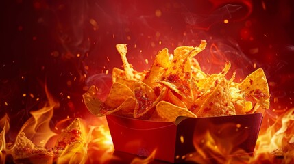 Delicious box of cheesy nachos on a fiery red background, emphasizing their spicy and cheesy appeal. Perfect for snack and fast food themes