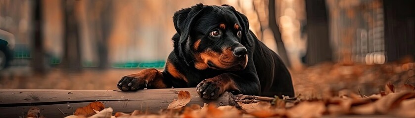 Fototapeta premium Rottweiler dog lying on the ground in a park surrounded by autumn leaves, looking away. Captured during a serene fall day.