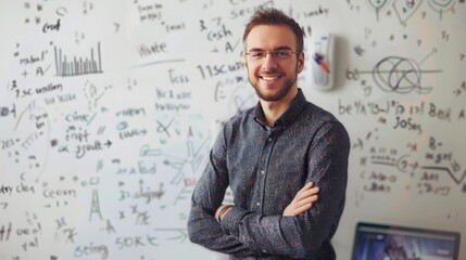 A confident man standing in front of a whiteboard covered in complex equations, holding a marker and smiling, showcasing his expertise in his field  - Powered by Adobe