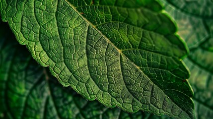 Fototapeta premium Detailed close-up of a nature plant leaf, highlighting its vibrant green color and intricate patterns. Ideal for environmental and botanical visuals